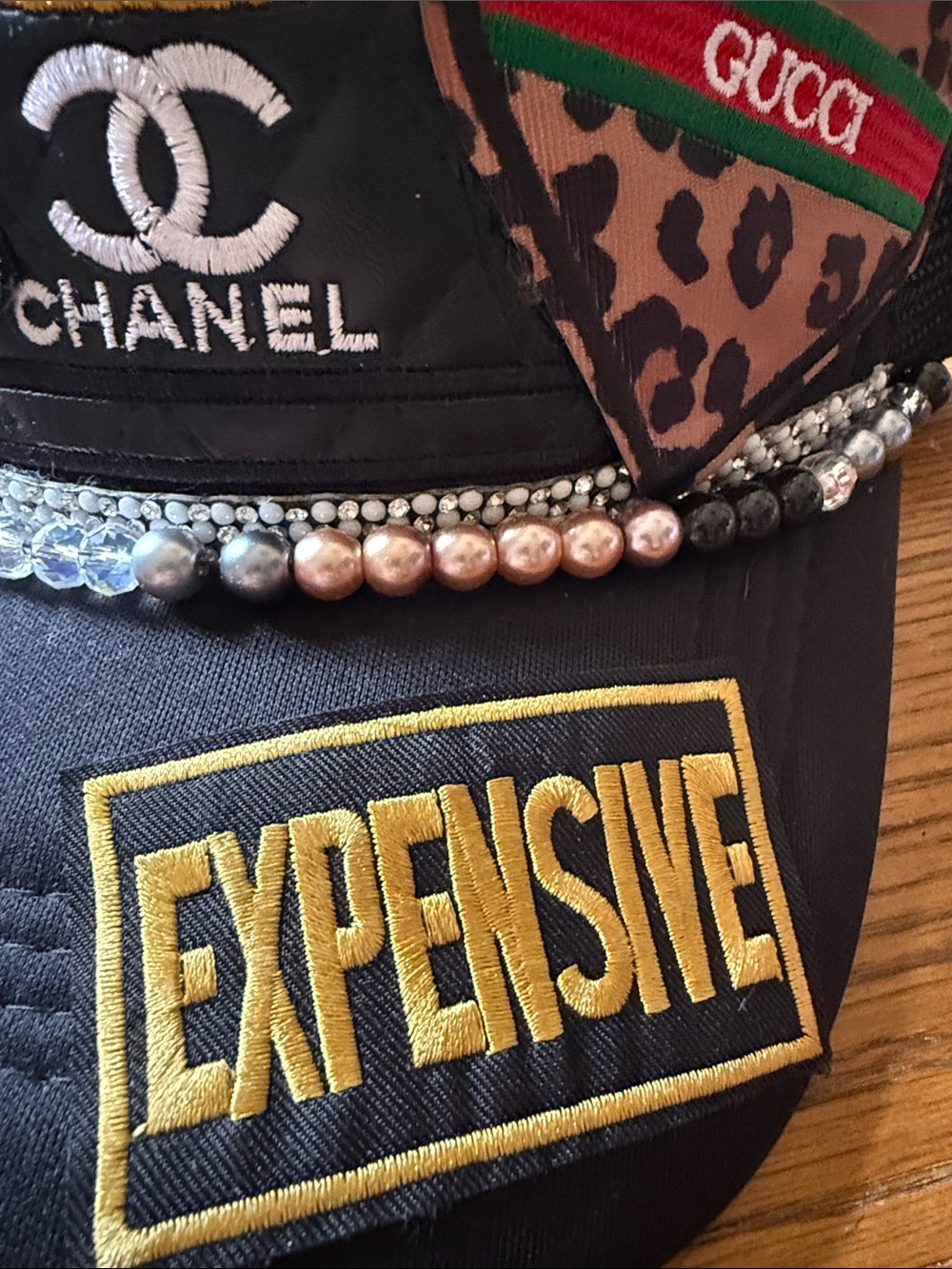 Trucker Hat Black Embellished Beaded Designer Style Patch Cap Handmade - Picture 4 of 6